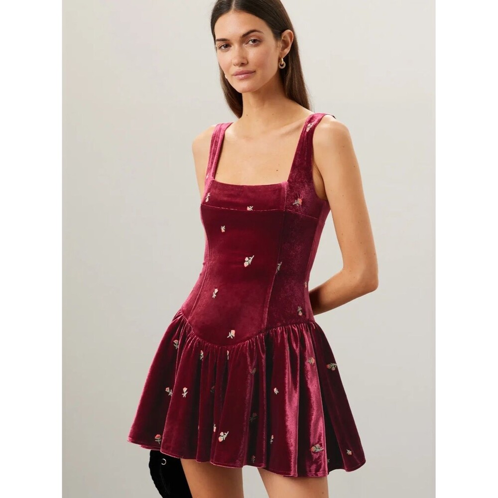 WeWoreWhat Embroidered Corset Peplum Burgundy Velvet Mini Dress Size 0 NWT